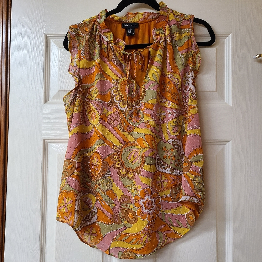 Jones New York Sleeveless Ruffle V Neck Retro Floral Colorful Tank Top